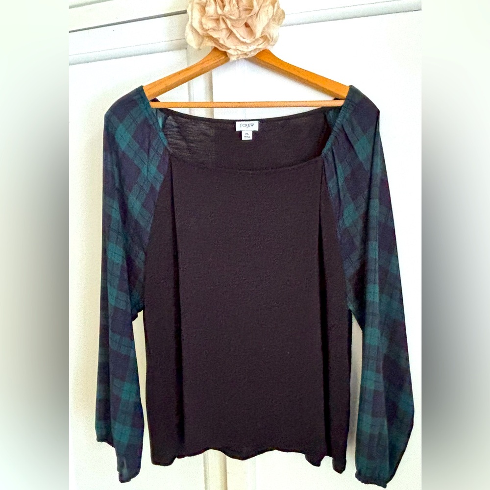 J Crew Black Watch Plaid Blouse XL